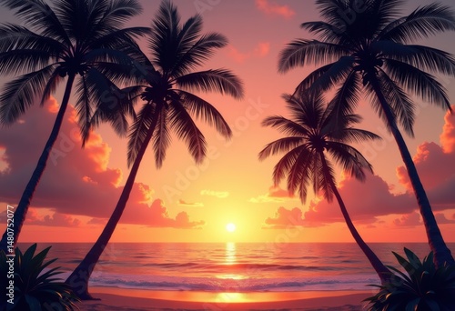 silhouetted palm trees vibrant sunset tropical paradise aesthetic, sky, landscape, island, nature, dusk, view, atmosphere, beauty, scene, tranquility