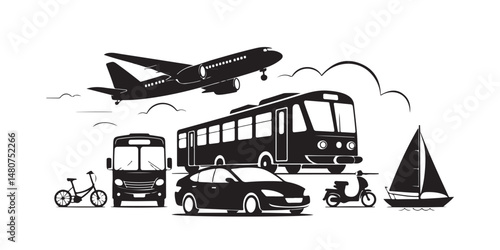 Transport Vehicles Icon Set Vector – Black Silhouettes of Planes, Trains, Buses, Cars, Bikes, Scooters, and Boats