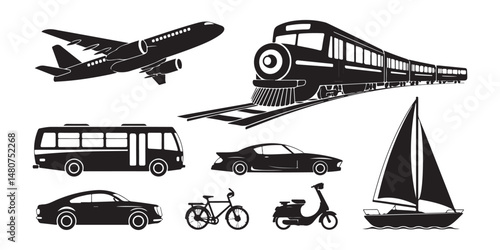 Transport Vehicles Icon Set Vector – Black Silhouettes of Planes, Trains, Buses, Cars, Bikes, Scooters, and Boats