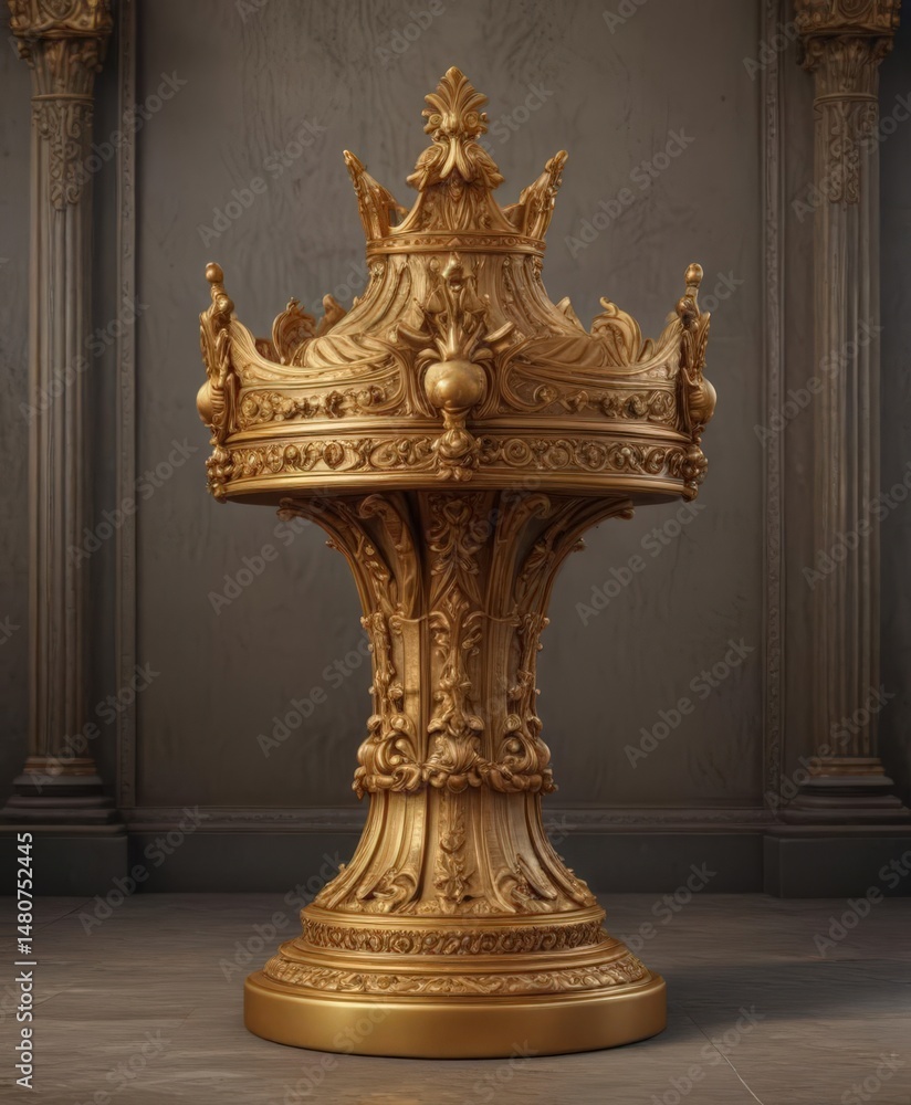 Fototapeta premium Antique pedestal displays a gleaming golden crown; intricate carvings , background, reflection, golden crown