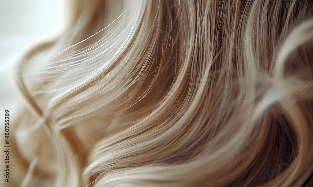Naklejka premium Close-up view of shiny blonde hair styled in loose waves, exhibiting a healthy sheen and soft texture.
