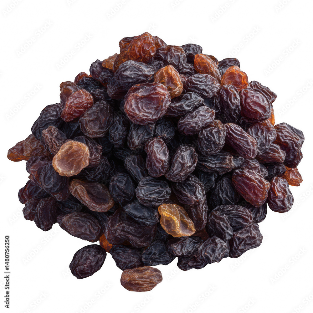 Pile of dried raisins isolated against a solid backdrop on transparent background Pile of dried raisins isolated against a solid backdrop on transparent background