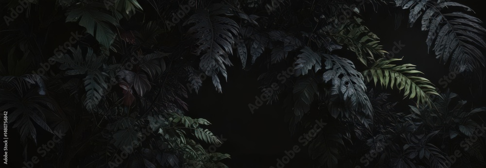 Intricate dark tropical foliage, vines create a mysterious, shadowy scene against a black background , green, photo, tropical rainforest Intricate dark tropical foliage, vines create a mysterious, shadowy scene against a black background , green, photo, tropical rainforest