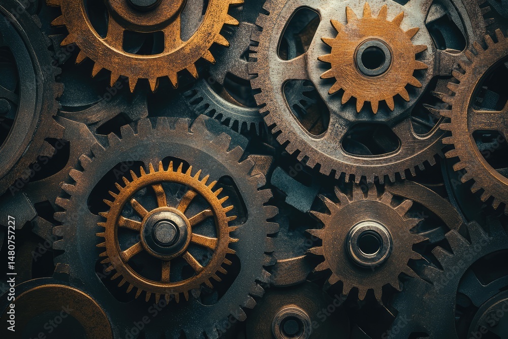 An intricate arrangement of golden and metallic gears showcases precision engineering and mechanical harmony in a detailed closeup. An intricate arrangement of golden and metallic gears showcases precision engineering and mechanical harmony in a detailed closeup.