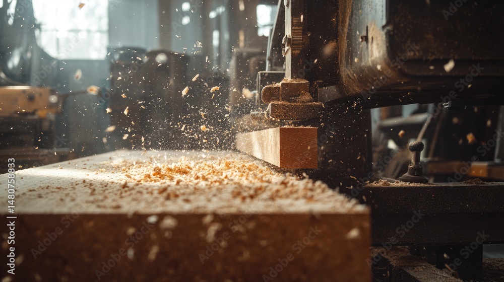 Woodworking Process: Close-up of Planer Shaping Wood with Flying Sawdust Woodworking Process: Close-up of Planer Shaping Wood with Flying Sawdust