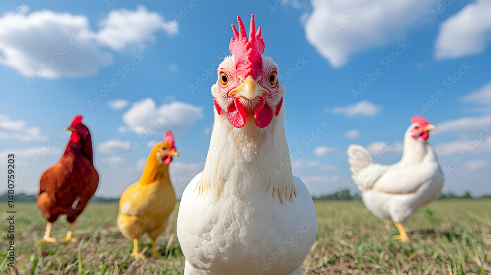 Fototapeta premium Closeup of Chickens in a Field Under a Blue Sky