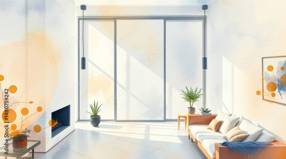 Fototapeta premium Creative light art, high-angle perspective, delicate watercolor painting of interior art pictures, translucent washes, fluid brushstrokes, elevated viewpoint, artistic lighting, abstract patterns