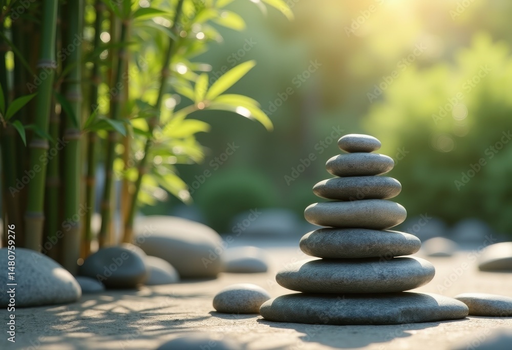 Obraz premium zen pebble stack tranquil scene elegant bamboo accents serene outdoor meditation rock arrangement, elegance, nature, outdoors, stones, green, minimalist