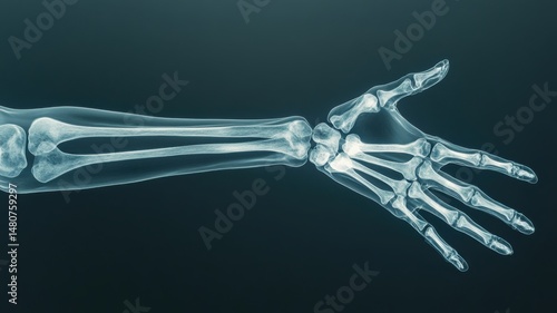 Detailed view of a human forearm skeleton in x-ray showing intricate bone structure and articulation