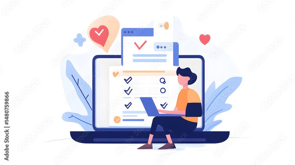 A person sitting with a laptop in front of a large screen showing checklists and heart icons around it A person sitting with a laptop in front of a large screen showing checklists and heart icons around it