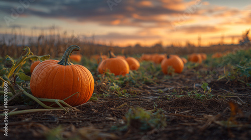 A pumpkin patch at sunset with many pumpkins in a field under a colorful sky at dusk or early evening