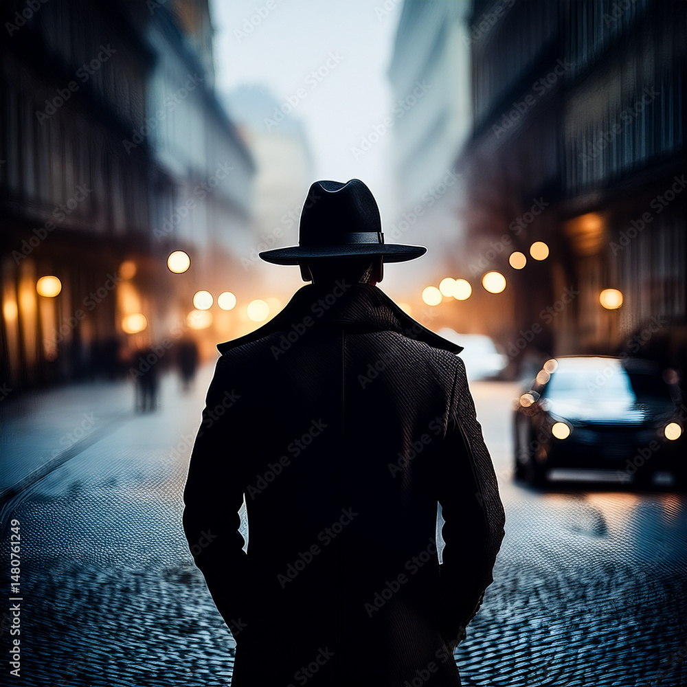 Black silhouette of a mysterious man on a street, spy profile