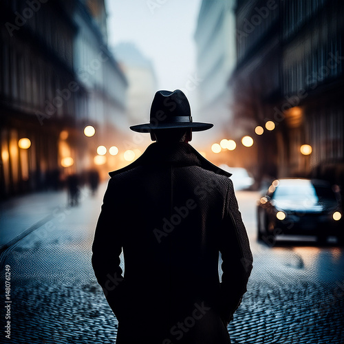 Obraz na płótnie Black silhouette of a mysterious man on a street, spy profile w salonie