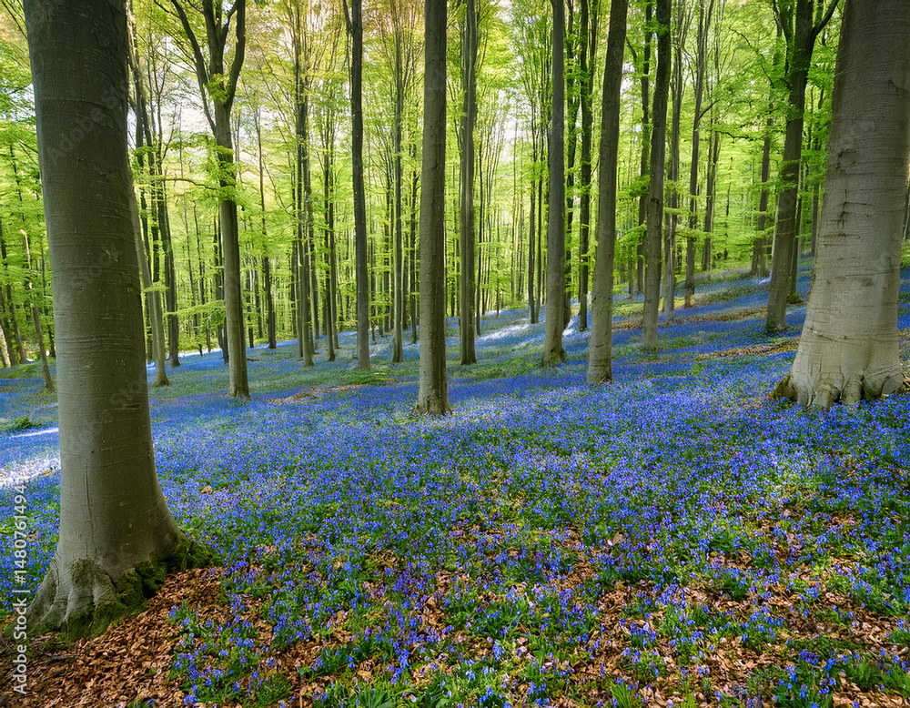 Vibrant landscape in a green deciduous forest with thick stems of beech trees and a carpet of blue flowers on the ground. Many blue flowers in a green beech forest