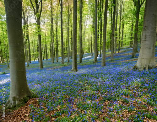 Obraz na płótnie Vibrant landscape in a green deciduous forest with thick stems of beech trees and a carpet of blue flowers on the ground. Many blue flowers in a green beech forest w salonie
