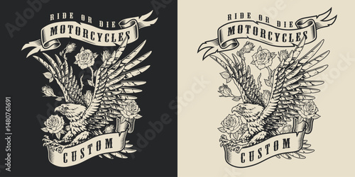 Custom motorcycle design featuring eagle and roses