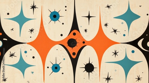 1960s Googie design, with elongated diamonds, boomerang-type chapes, in orange and blue, with black atomic symbols and asterisk-type retro shapes, on a cream colored background  photo