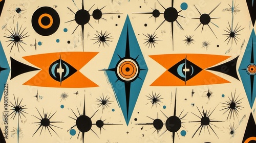 1960s Googie design, with elongated diamonds, boomerang-type chapes, in orange and blue, with black atomic symbols and asterisk-type retro shapes, on a cream colored background 