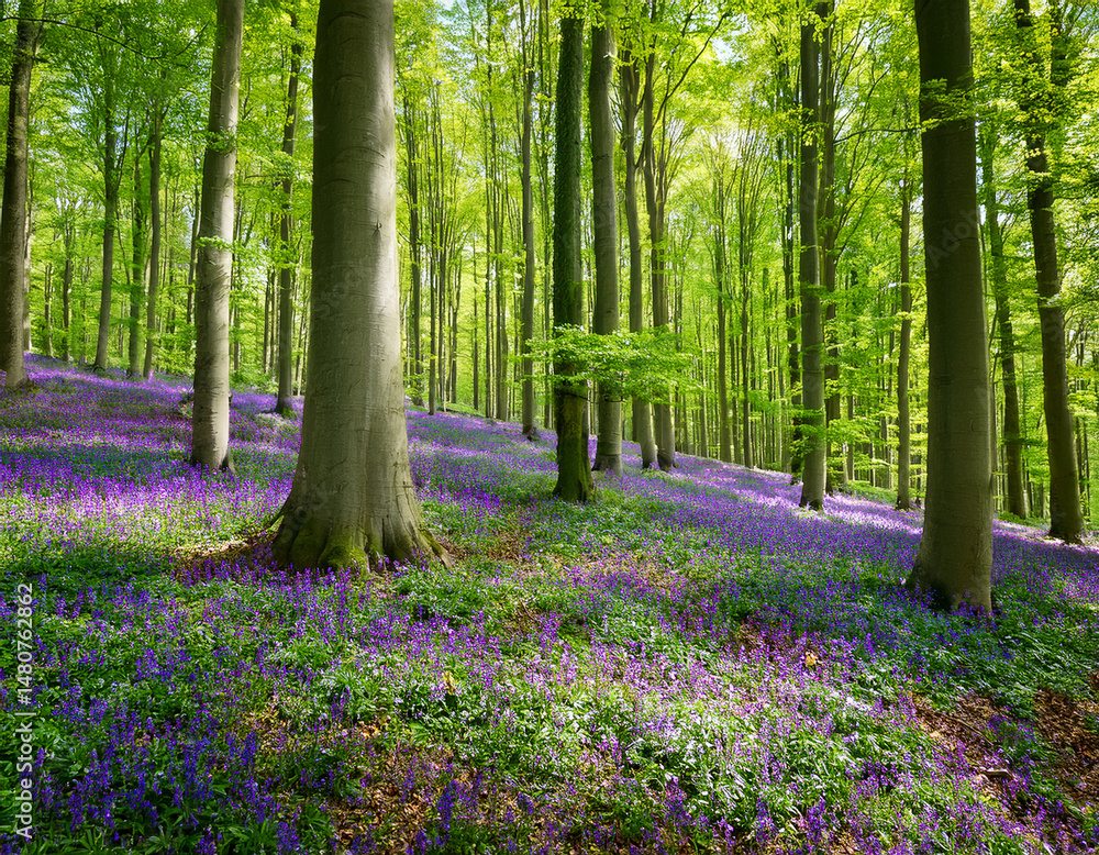 Vibrant landscape in a green deciduous forest with thick stems of beech trees and a carpet of purple flowers on the ground. Many purple flowers in a green beech forest
