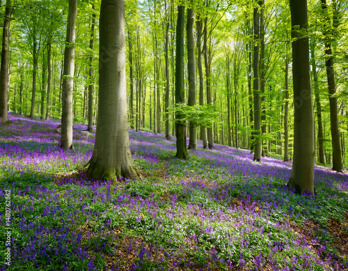Obraz na płótnie Vibrant landscape in a green deciduous forest with thick stems of beech trees and a carpet of purple flowers on the ground. Many purple flowers in a green beech forest w salonie