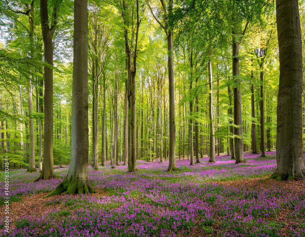 Vibrant landscape in a green deciduous forest with thick stems of beech trees and a carpet of purple flowers on the ground. Many purple flowers in a green beech forest