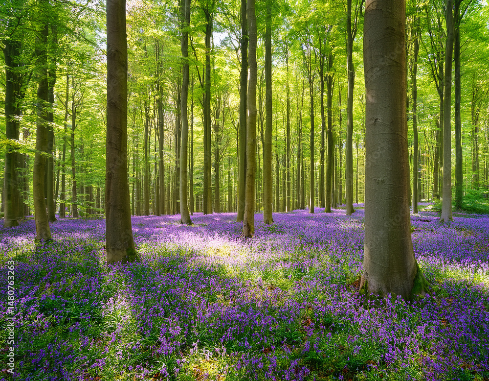 Vibrant landscape in a green deciduous forest with thick stems of beech trees and a carpet of purple flowers on the ground. Many purple flowers in a green beech forest