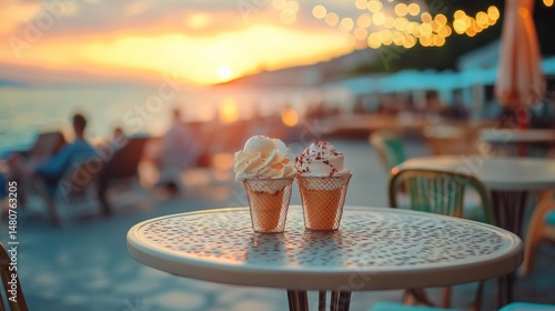 Creamy ice cream sunset treats on beachside table