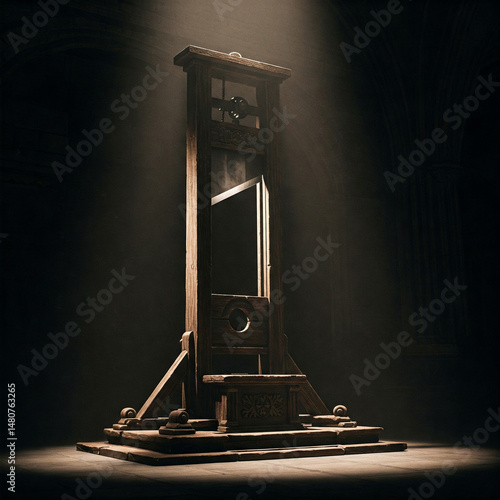 An old guillotine illuminated in the dark