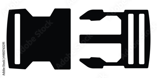 Plastic side release buckle vector icon. Clip fastener for backpack straps, belts, or outdoor gear. Black silhouette isolated on white background.