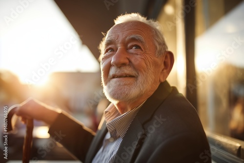 Senior man with cane looks hopefully towards sunset, enjoying golden hour light outdoors.