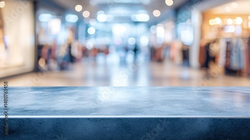 Sleek blue tabletop against blurred shopping mall background versatile commercial image
