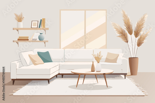 Modern Minimalist Living Room Interior Design with White Sectional Sofa and Neutral Decor
