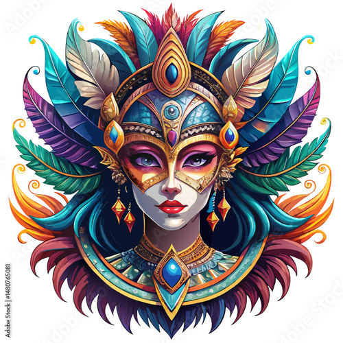 Vibrant Woman in Ornate Venetian Mask with Colorful Feathers and Jewels