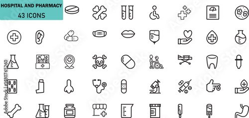 Hospital and Pharmacy Line Icons Set. Medical Outline Vector Symbols