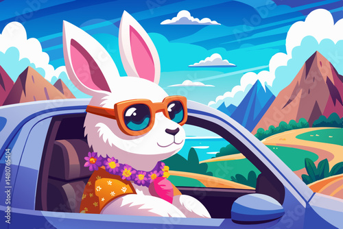 Cool Bunny in Sunglasses Driving a Car Through Scenic Mountain Landscape