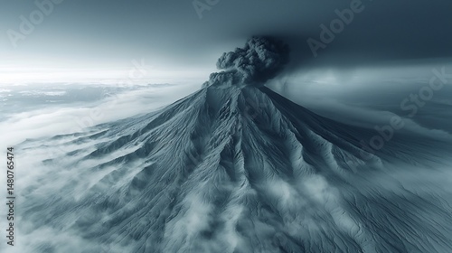 Sweeping aerial view of volcanic ash pattern where slow shutter speed emphasizes flowing movement of ash spread across landscape wide angle lens polarizer enhance texture detail of ash surface high