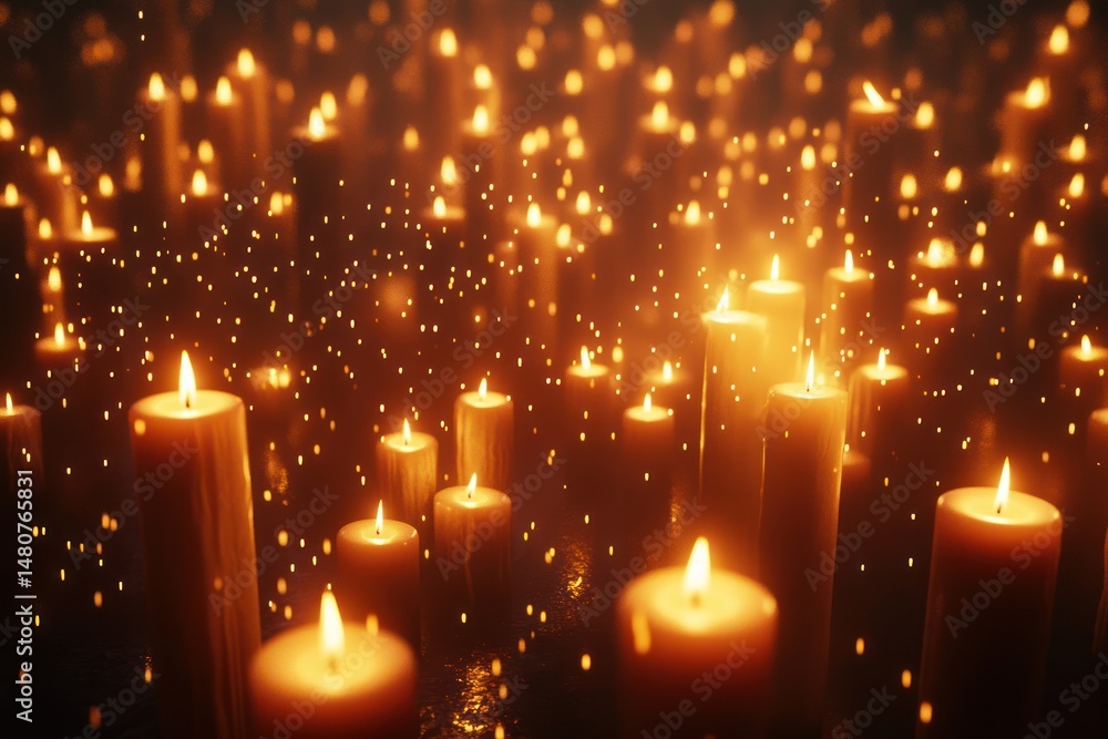 Many candles glow brightly in a dark setting Many candles glow brightly in a dark setting