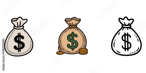 illustration of bag with money, cartoon money bag with dollar sign  cute illustration of financial success, Illustration of black and white money bag with dollar sign for finance, business concept.