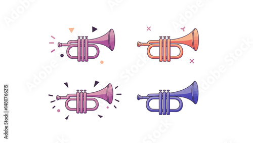 Four musical horns illustrated playfully