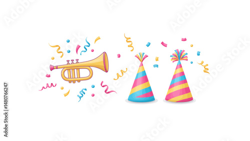 Playful party celebration with trumpet hats