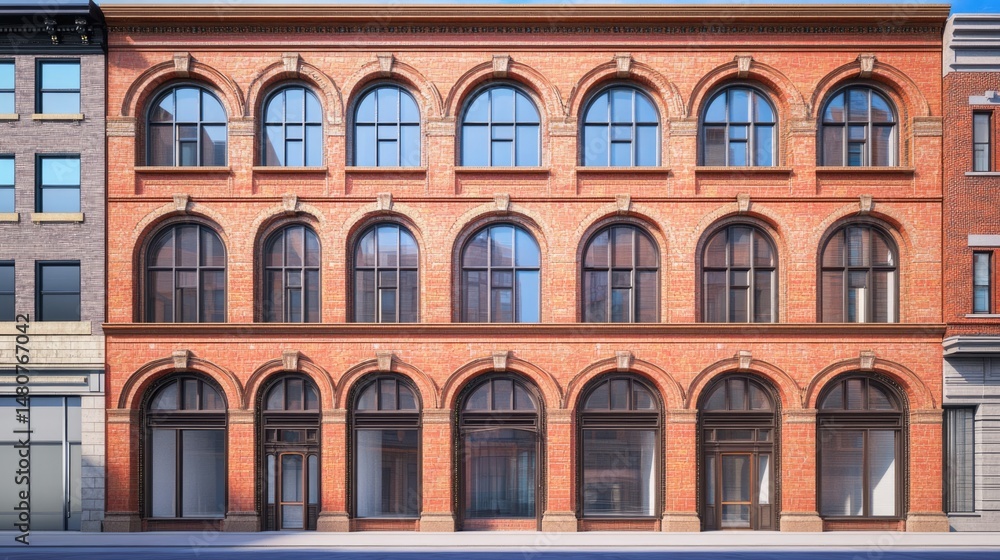 Fototapeta premium Classic Brick Building Facade with Large Windows and Arched Entries