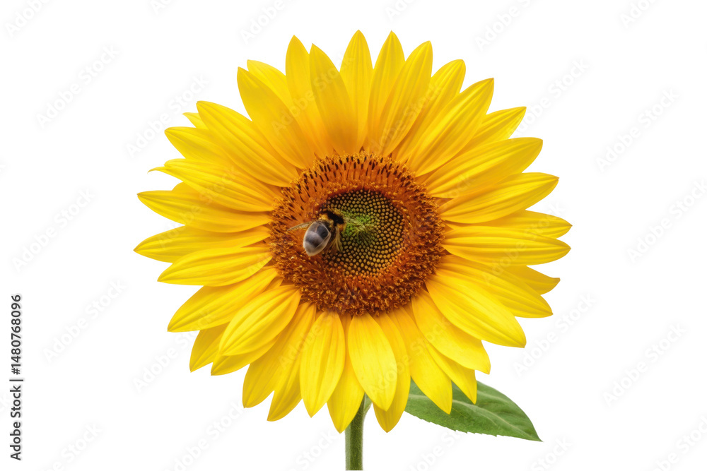 PNG Bee pollinating bright yellow sunflower in full bloom close-up PNG Bee pollinating bright yellow sunflower in full bloom close-up