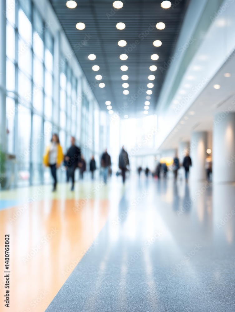 Fototapeta premium Blurred Business People Walking in Modern Office Hallway, Bright Interior, Abstract