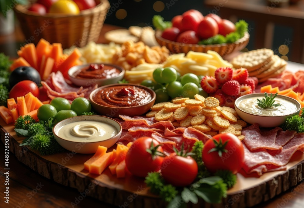 vibrant snack board colorful dips fresh vegetables crunchy crackers savory meats fresh fruits appetizer party platter, cheese, hummus, guacamole, spread, nuts vibrant snack board colorful dips fresh vegetables crunchy crackers savory meats fresh fruits appetizer party platter, cheese, hummus, guacamole, spread, nuts