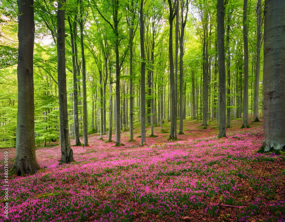 Vibrant landscape in a green deciduous forest with thick stems of beech trees and a carpet of pink flowers on the ground. Many pink flowers in a green beech forest