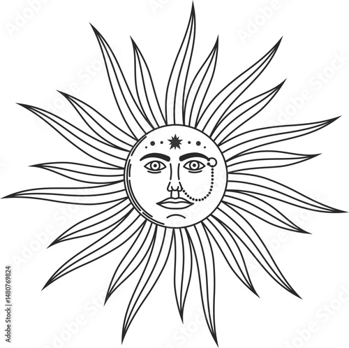 Illustration of a stylized sun with a face, jewelry, and stars, shining brightly with long, flowing rays, creating a mystical and celestial atmosphere