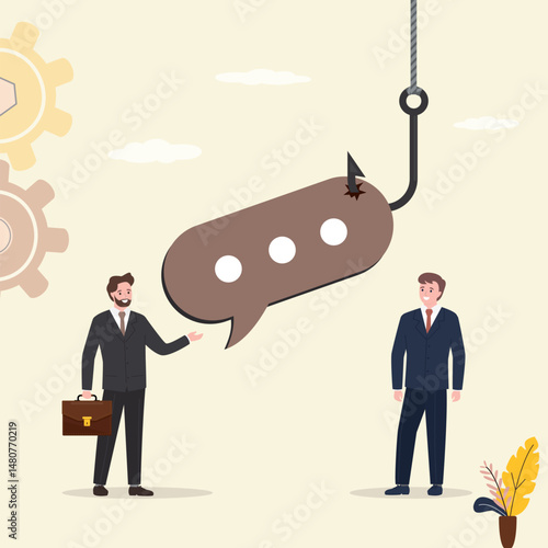 Message trap. Dishonest businessman lying to colleague with fishing hook bait on speech bubble. Liar, dishonesty employee, cheating boss lying about work advantage