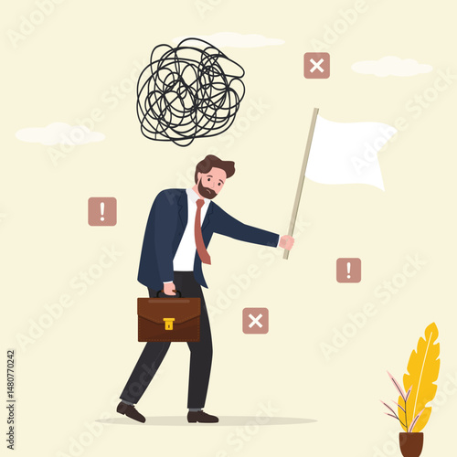 Sad businessman giving up waving white flag. Give up, abandon hope or dream, loser, business failure, desperate or hopelessness concept. Money loss, task failure.