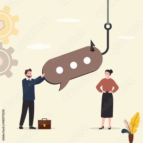 Message trap. Dishonest businessman lying to female colleague with fishing hook bait on speech bubble. Liar, dishonesty employee, cheating boss lying about work advantage,