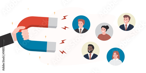 Customer acquisition. Process of bringing in new customers or clients for business. Way to acquire customers. Hand uses magnet to attract audience interest. Recruitment,